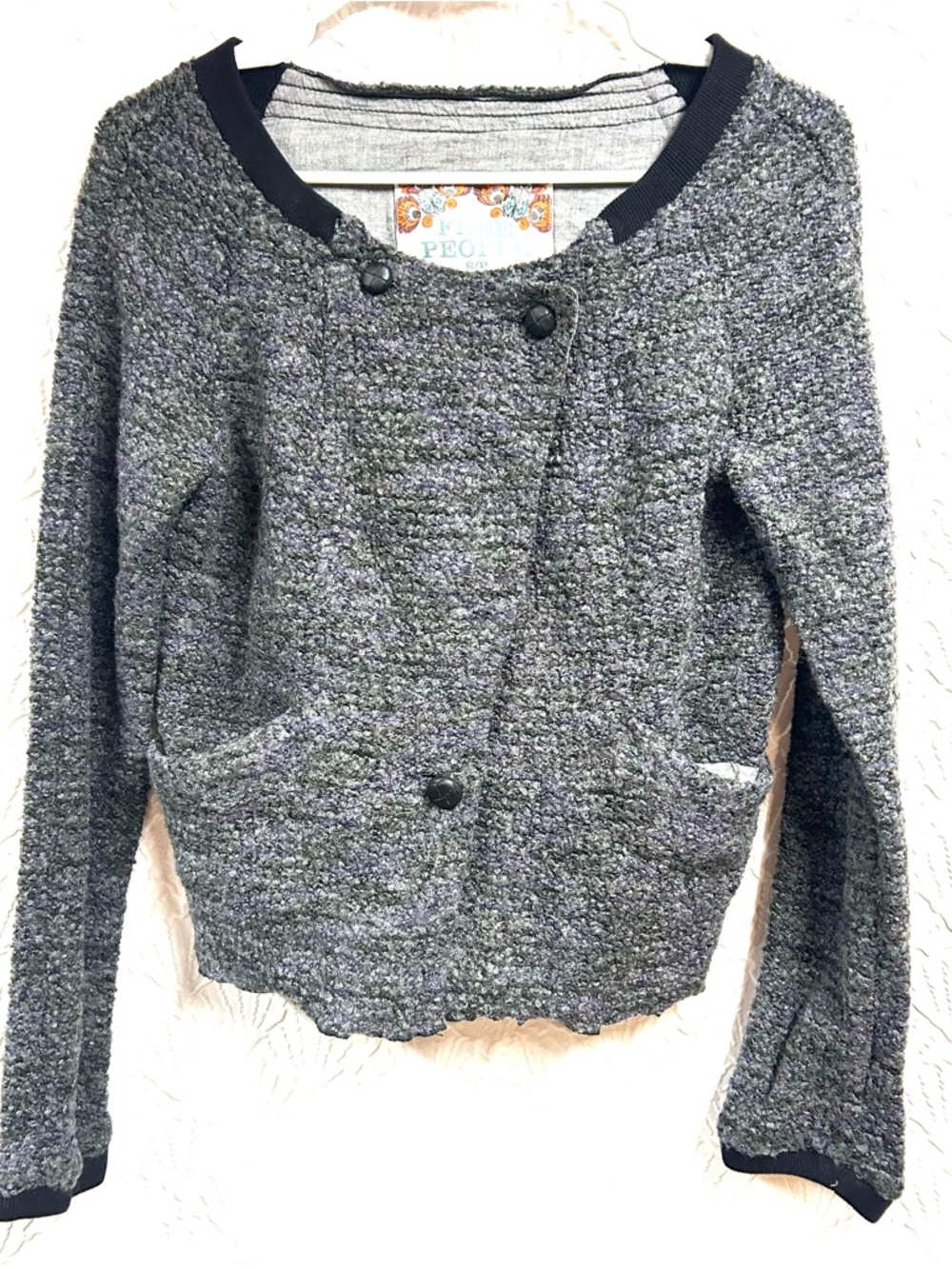 Free People Charcoal Gray and Purple Bouclé Button Cardigan Jacket